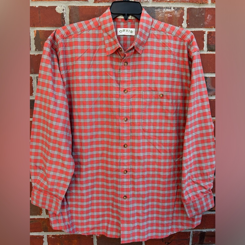 Orvis Men’s Long Sleeve Button Down Burnt Orange  Plaid Flannel XL Shirt C8